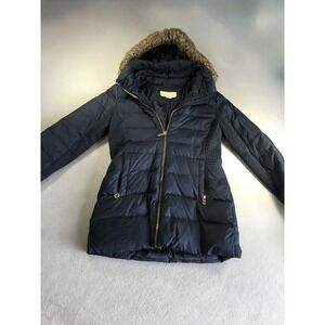 Michael Michael Kors Navy Puffer Jacket Faux Fur Hood Ribbed Trim Small